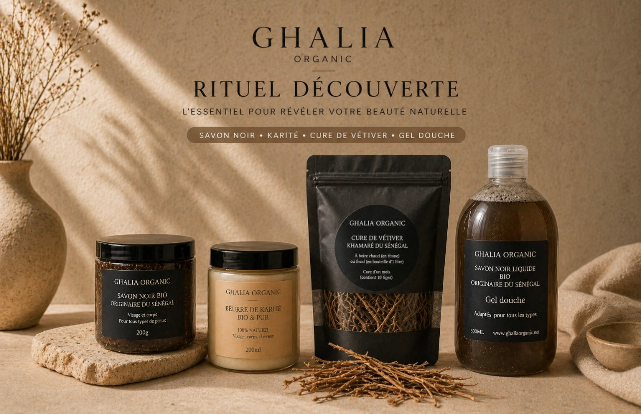 Rituel Découverte – 4 pièces ✨– L’essentiel pour une routine naturelle🌱                               Le rituel idéal pour découvrir les bienfaits des soins naturels Ghalia Organic.
